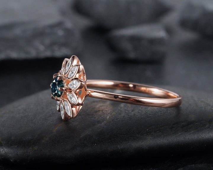 Vintage Sunflower Natural Teal Sapphire Engagement Ring, 18K Rose Gold Bezel Setting Wedding Ring, Marquise Moissanite Accent Promise Ring - ShainJewelry