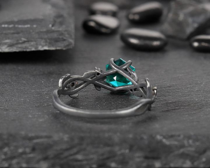 Black Gold Finish Hexagon Emerald Engagement Ring, Rhodium Black Vermeil Leaf Twig Branch Lab Emerald Promise Anniversary Ring Gift for Her - ShainJewelry