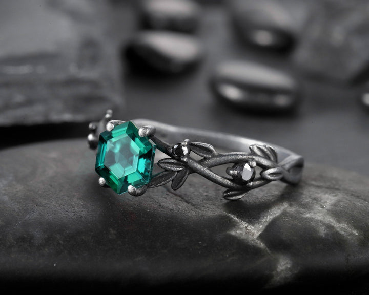 Black Gold Finish Hexagon Emerald Engagement Ring, Rhodium Black Vermeil Leaf Twig Branch Lab Emerald Promise Anniversary Ring Gift for Her - ShainJewelry