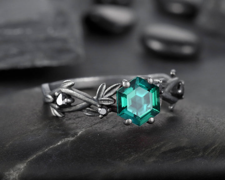 Black Gold Finish Hexagon Emerald Engagement Ring, Rhodium Black Vermeil Leaf Twig Branch Lab Emerald Promise Anniversary Ring Gift for Her - ShainJewelry