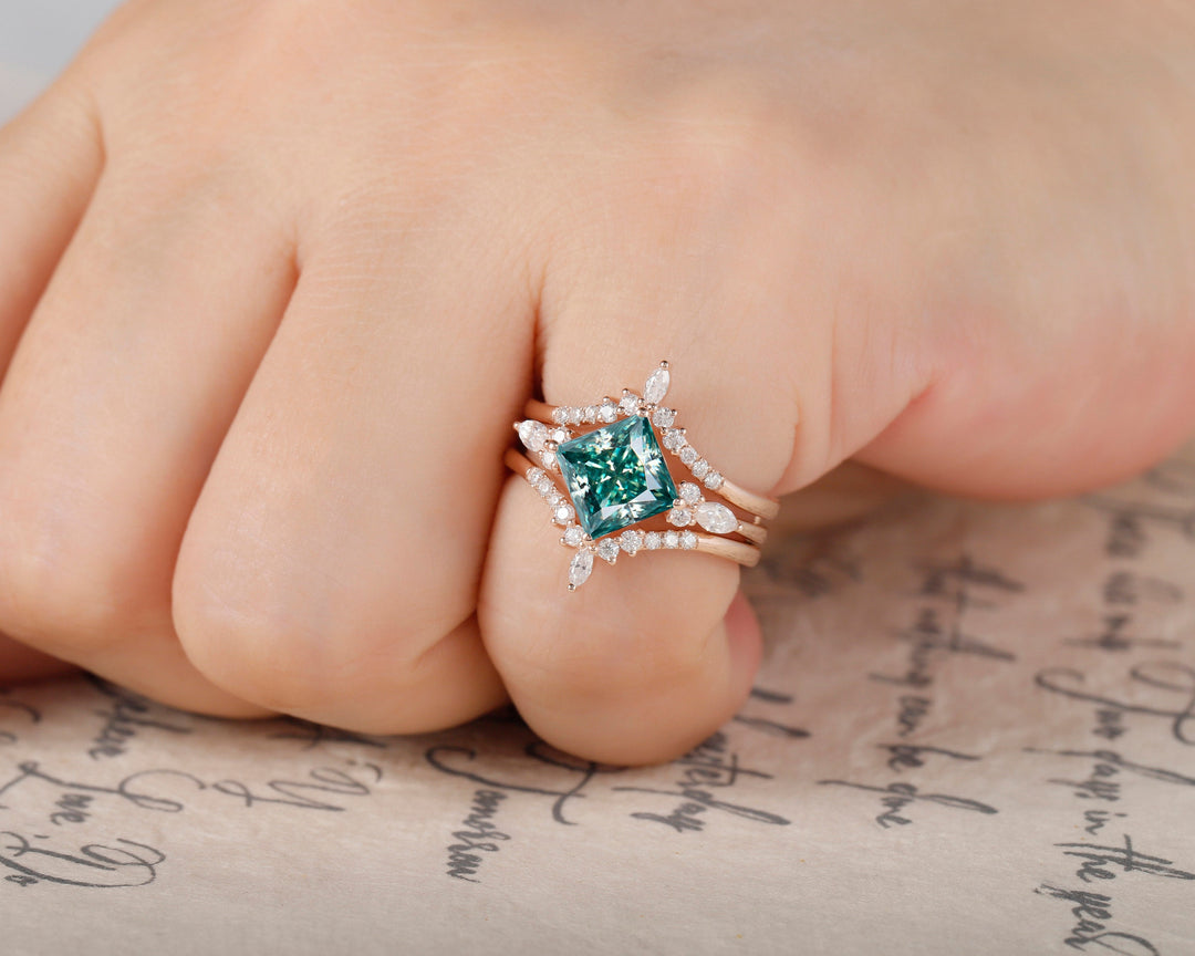 Unique Princess Cut Green Moissanite Bridal Set, Vintage Moissanite Engagement Ring Set , Moissanite Wedding Set Rose Gold Promise Ring - ShainJewelry