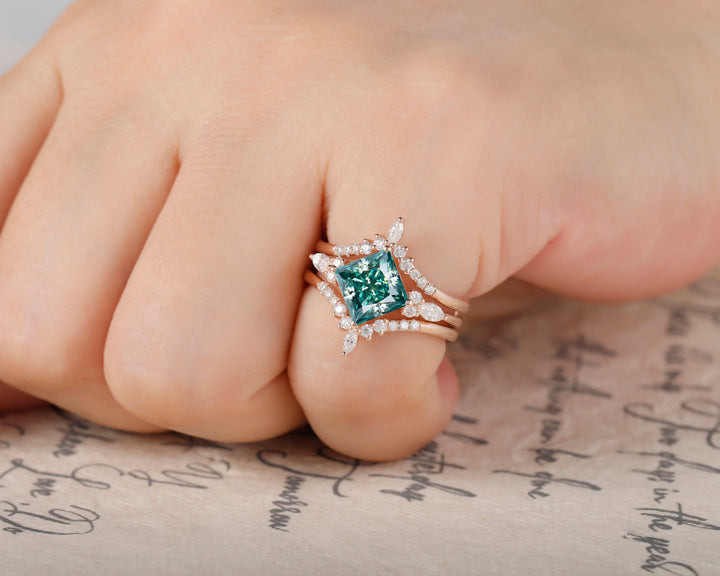 Unique Princess Cut Green Moissanite Bridal Set, Vintage Moissanite Engagement Ring Set , Moissanite Wedding Set Rose Gold Promise Ring - ShainJewelry