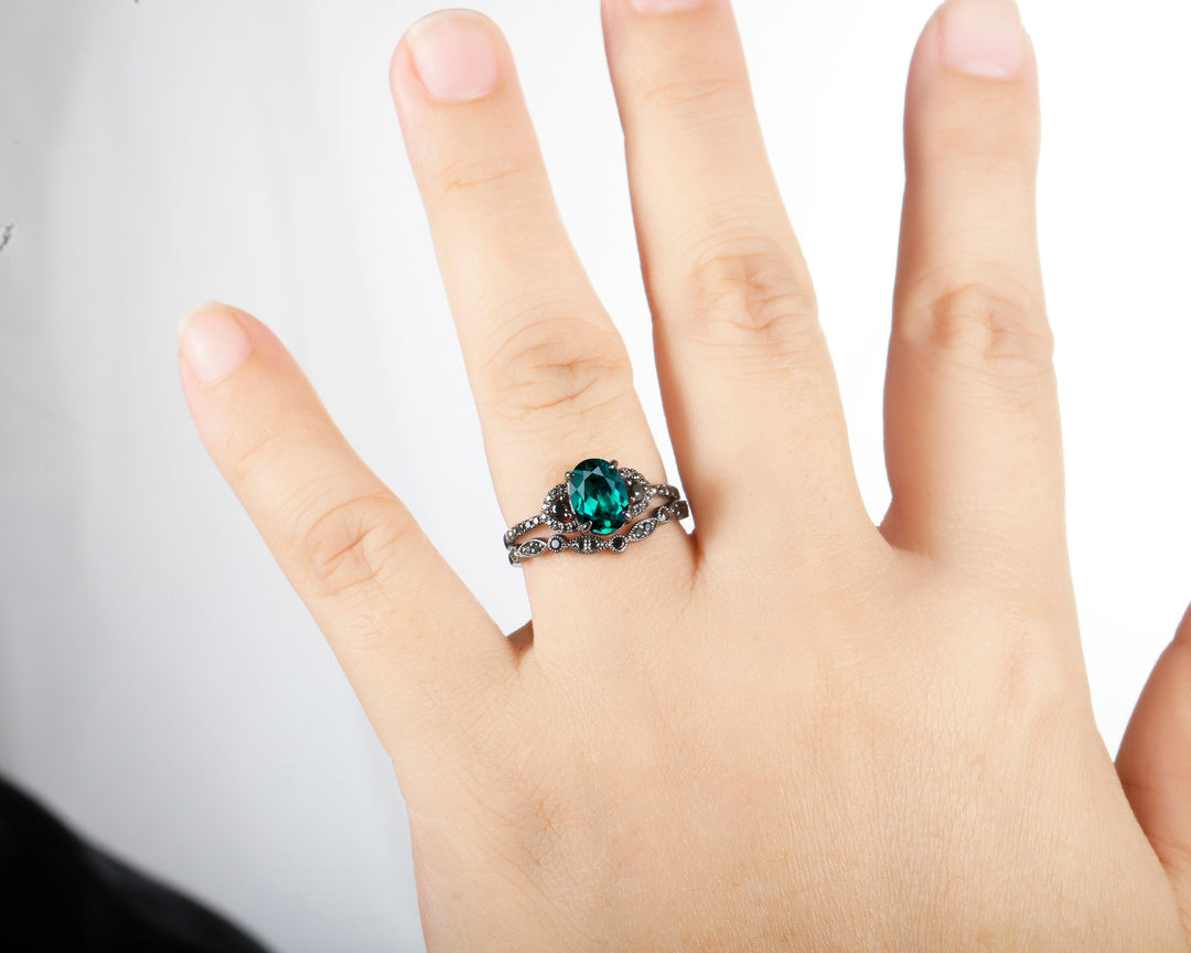 Gothic Oval Cut Emerald Engagement Ring Set, Black Gold Plated Emerald Promise Ring, Rhodium Black Anniversary Ring, Black Wedding Ring Gift - ShainJewelry