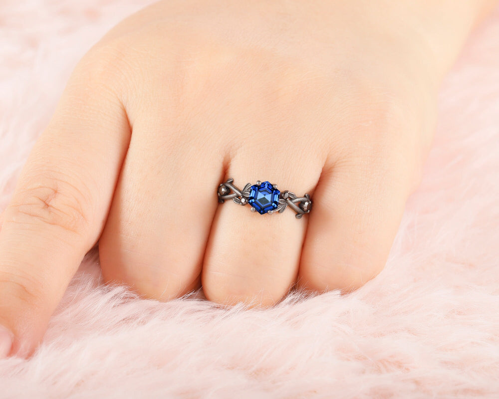 Black Gold Vermeil Hexagon Lab Blue Sapphire Engagement Ring, Rhodium Black Finish Leaf Twig Branch Sapphire Promise Anniversary Ring Gift - ShainJewelry