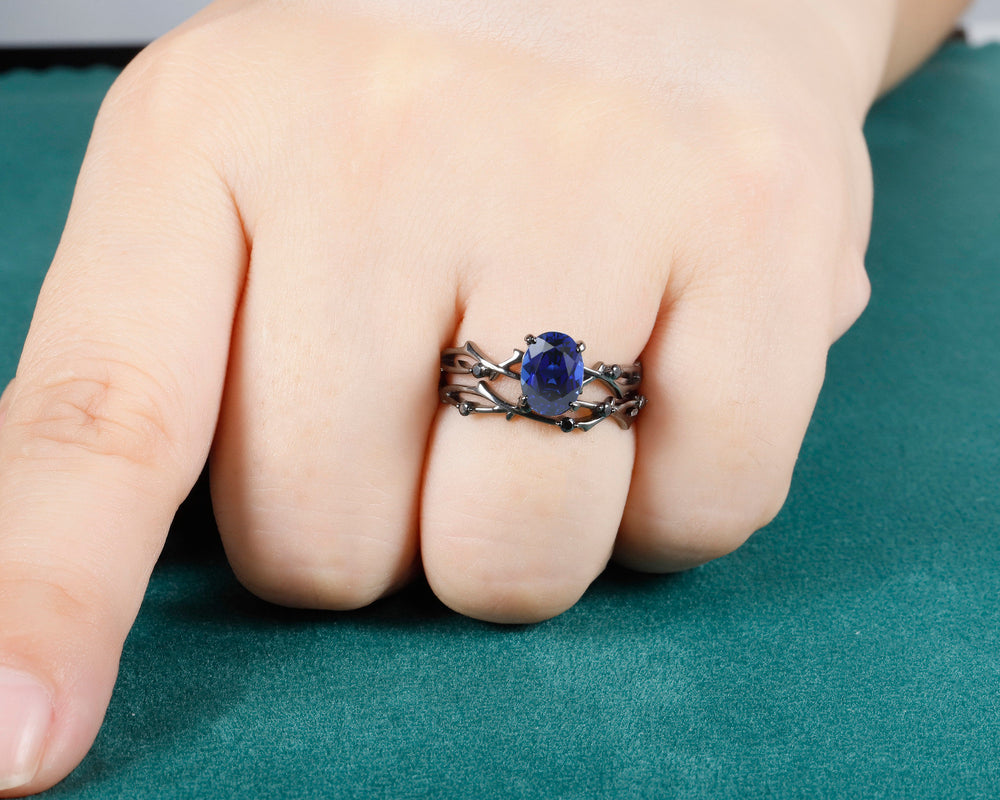 Vintage Rhodium Black Vermeil Oval Blue Sapphire Engagement Ring Set, Black Gold Sapphire Promise Ring Set,Sapphire Black Diamond Bridal Set - ShainJewelry