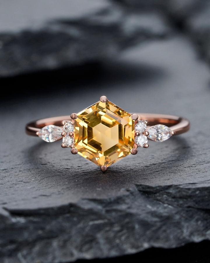 Vintage Hexagon Cut Natural Citrine Engagement Ring, Unique Marquise Moissanite Wedding Ring, 14K Rose Gold Anniversary Gift Promise Ring - ShainJewelry