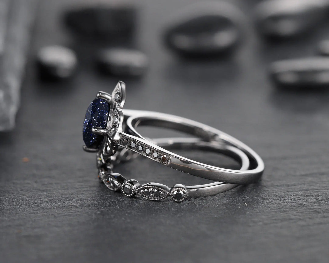 Vintage Blue Sandstone Floral Engagement Ring Set, Unique Black Gold Vermeil Blue Sandstone Promise Ring Set, Black Diamond Bridal Set Gift - ShainJewelry