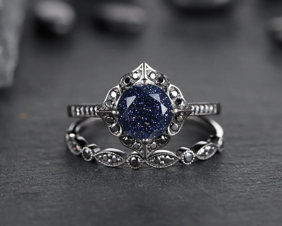 Vintage Blue Sandstone Floral Engagement Ring Set, Unique Black Gold Vermeil Blue Sandstone Promise Ring Set, Black Diamond Bridal Set Gift - ShainJewelry