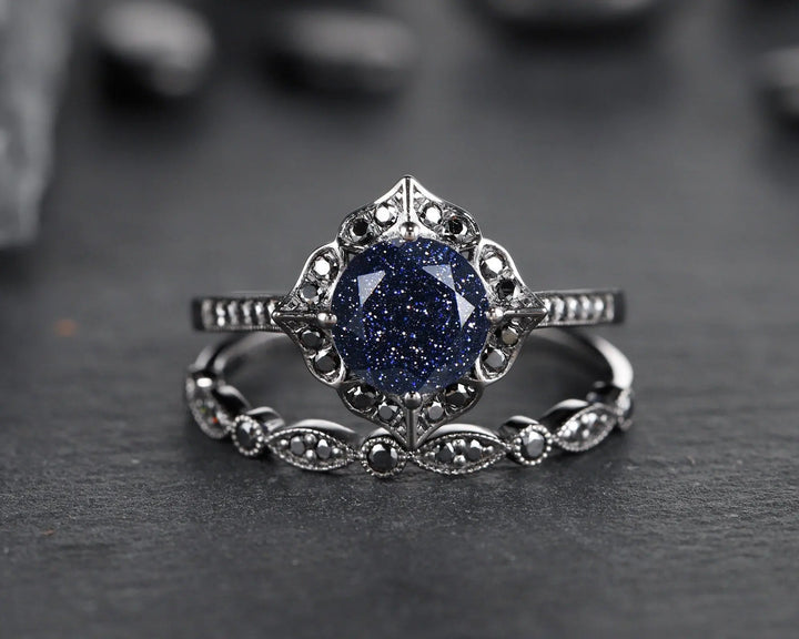 Vintage Blue Sandstone Floral Engagement Ring Set, Unique Black Gold Vermeil Blue Sandstone Promise Ring Set, Black Diamond Bridal Set Gift - ShainJewelry