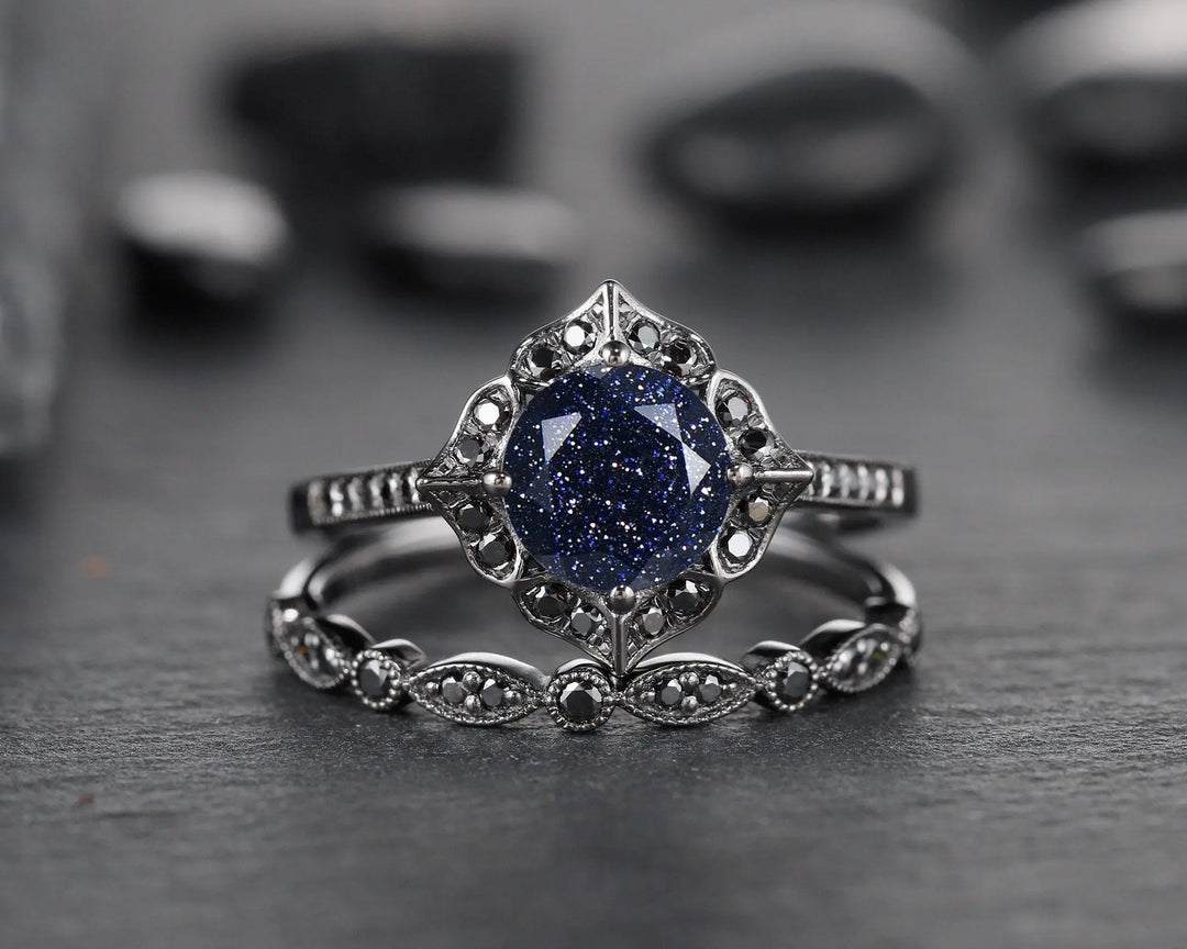 Vintage Blue Sandstone Floral Engagement Ring Set, Unique Black Gold Vermeil Blue Sandstone Promise Ring Set, Black Diamond Bridal Set Gift - ShainJewelry