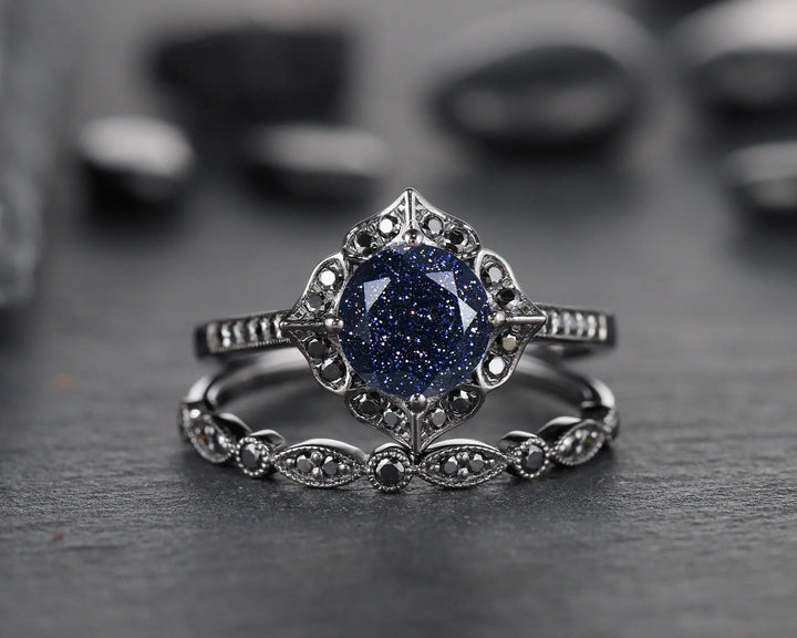 Vintage Blue Sandstone Floral Engagement Ring Set, Unique Black Gold Vermeil Blue Sandstone Promise Ring Set, Black Diamond Bridal Set Gift - ShainJewelry