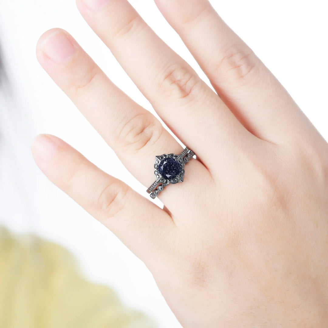 Vintage Blue Sandstone Floral Engagement Ring Set, Unique Black Gold Vermeil Blue Sandstone Promise Ring Set, Black Diamond Bridal Set Gift - ShainJewelry