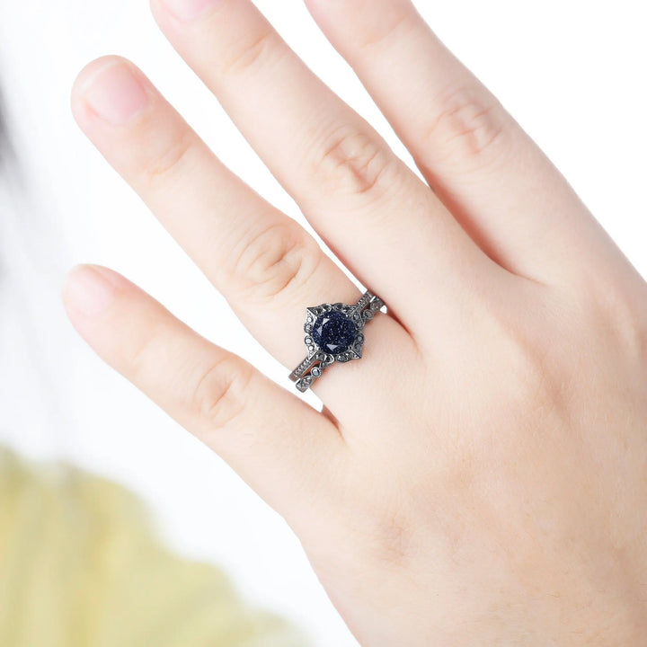 Vintage Blue Sandstone Floral Engagement Ring Set, Unique Black Gold Vermeil Blue Sandstone Promise Ring Set, Black Diamond Bridal Set Gift - ShainJewelry