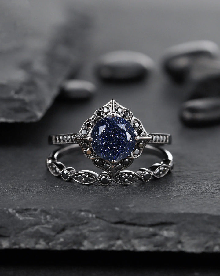 Vintage Blue Sandstone Floral Engagement Ring Set, Unique Black Gold Vermeil Blue Sandstone Promise Ring Set, Black Diamond Bridal Set Gift - ShainJewelry