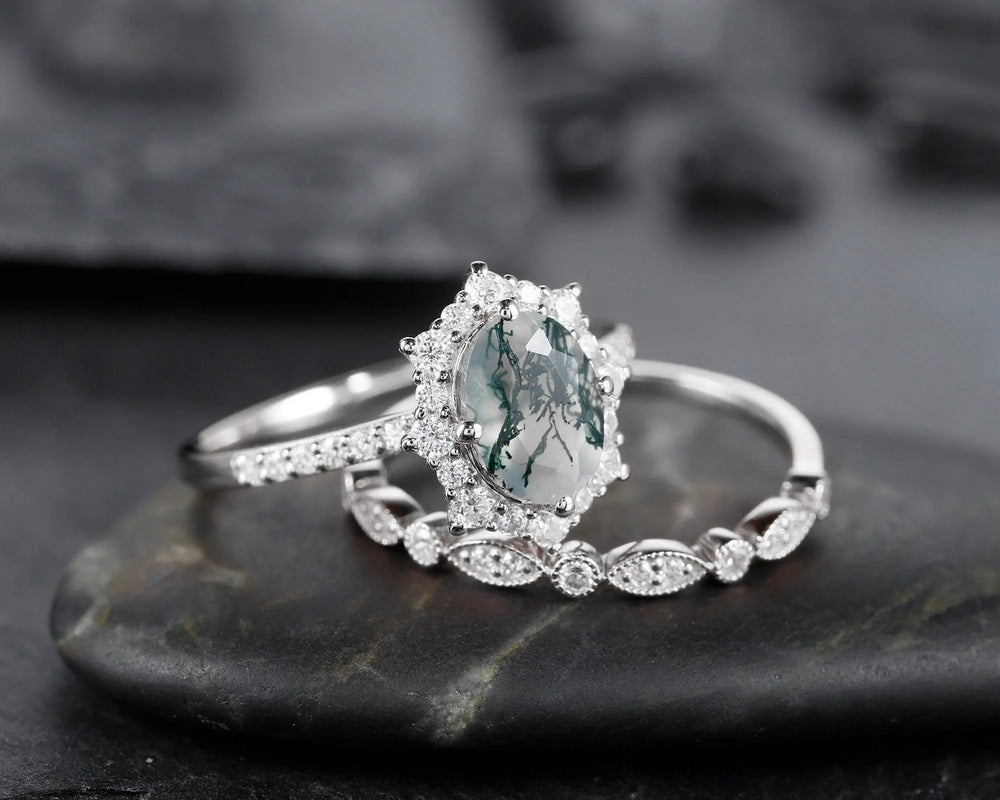 Moss Agate Engagement Ring Set: Platinum Mossy Agate and Diamond Ring, White Gold Halo Wedding Set, 925 Sterling Silver Promise Rings - ShainJewelry