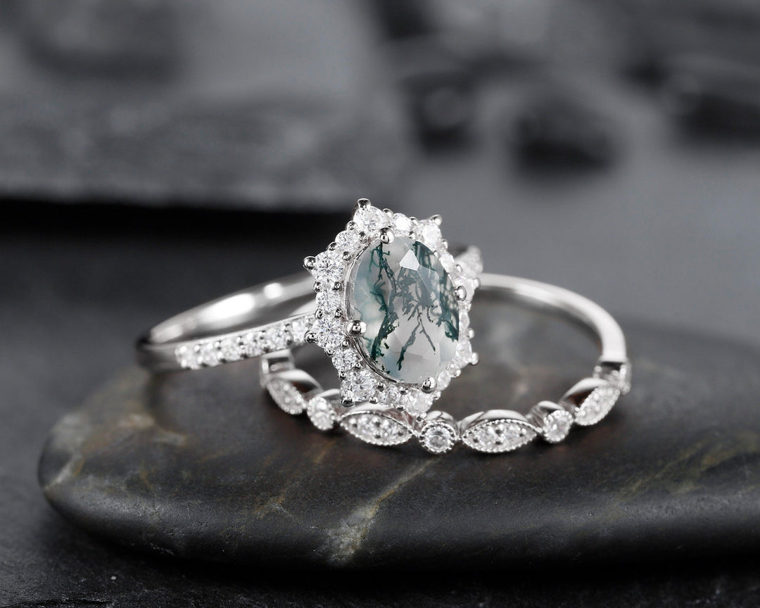 Vintage Moss Agate Halo Engagement Ring Set, Unique Oval Cut Mossy Agate Yellow Gold Wedding Set Moss Agate Bridal Set Anniversary Ring Gift - ShainJewelry