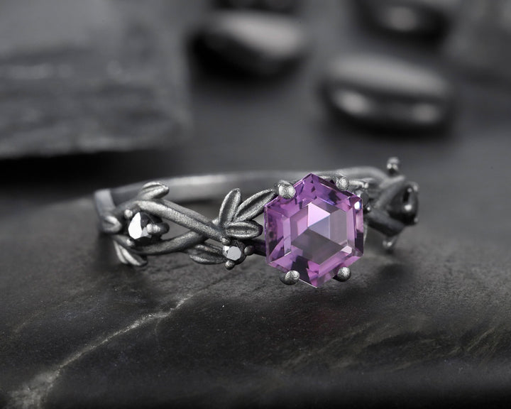 Black Gold Finish Hexagon Amethyst Engagement Ring, Rhodium Black Leaf Twig Branch 14K Black Gold Vermeil Dark Promise Anniversary Ring - ShainJewelry