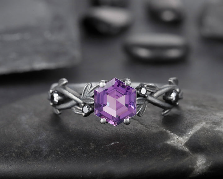 Black Gold Finish Hexagon Amethyst Engagement Ring, Rhodium Black Leaf Twig Branch 14K Black Gold Vermeil Dark Promise Anniversary Ring - ShainJewelry