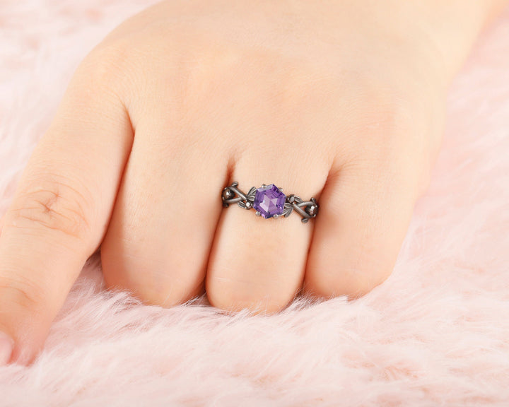 Black Gold Finish Hexagon Amethyst Engagement Ring, Rhodium Black Leaf Twig Branch 14K Black Gold Vermeil Dark Promise Anniversary Ring - ShainJewelry