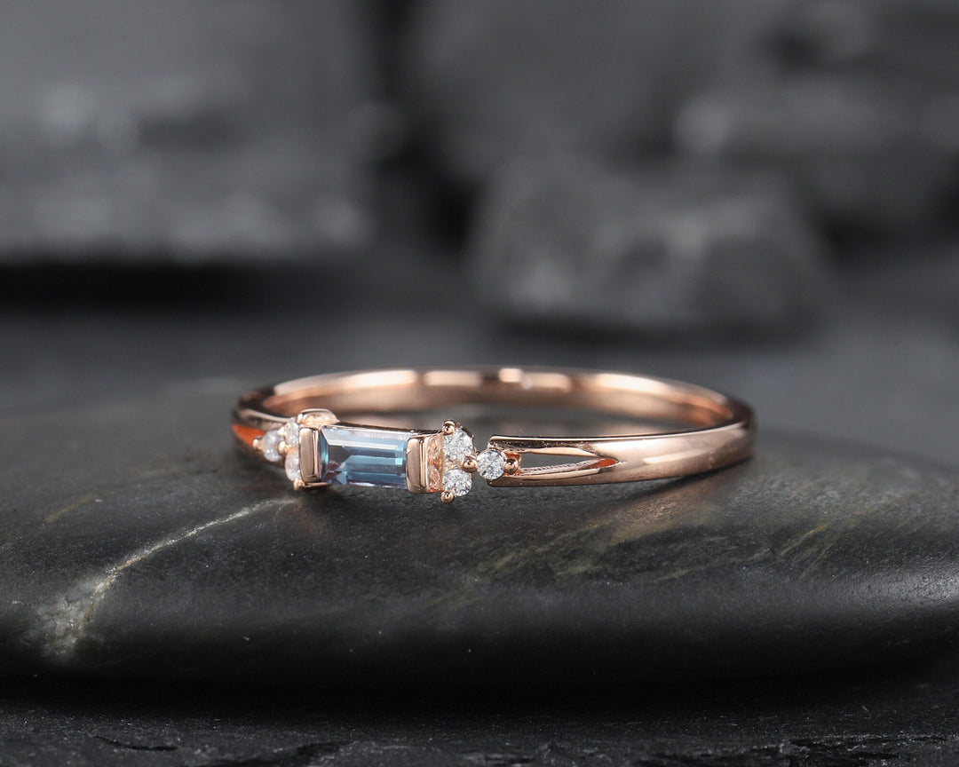 Alexandrite Wedding Band, Stackable Sterling Silver 925 Rose Gold Baguette Alexandrite Matching Band, Anniversary Promise Ring Gift for her - ShainJewelry