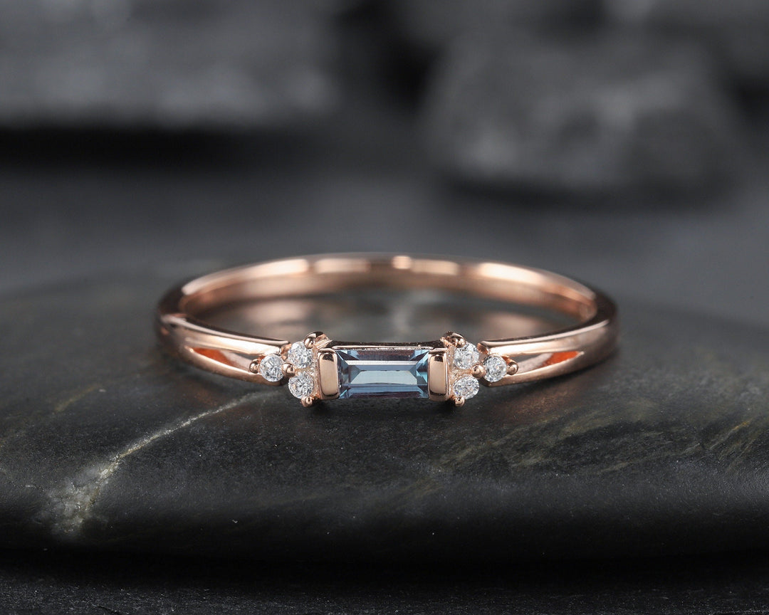 Alexandrite Wedding Band, Stackable Sterling Silver 925 Rose Gold Baguette Alexandrite Matching Band, Anniversary Promise Ring Gift for her - ShainJewelry