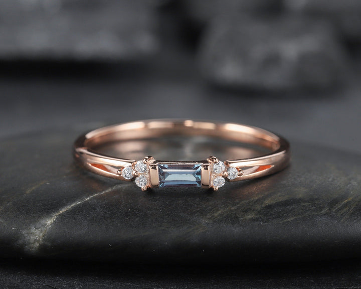 Alexandrite Wedding Band, Stackable Sterling Silver 925 Rose Gold Baguette Alexandrite Matching Band, Anniversary Promise Ring Gift for her - ShainJewelry