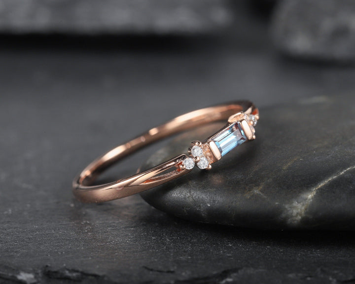 Alexandrite Wedding Band, Stackable Sterling Silver 925 Rose Gold Baguette Alexandrite Matching Band, Anniversary Promise Ring Gift for her - ShainJewelry