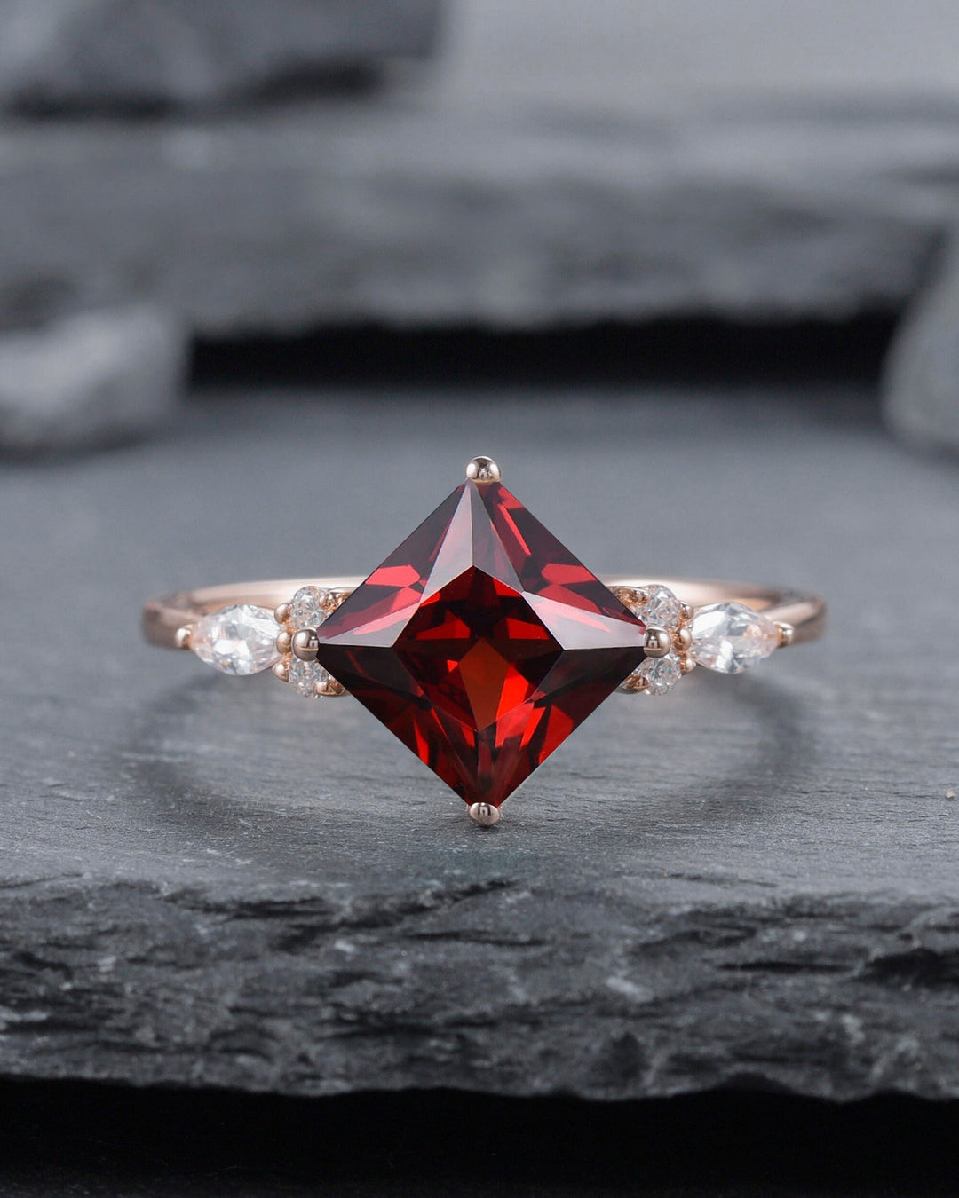 Vintage Princess Cut Natural Garnet Engagement Ring, Art Deco 14k Rose Gold Wedding Promise Ring Unique Marquise Cut Diamond Moissanite Ring - ShainJewelry