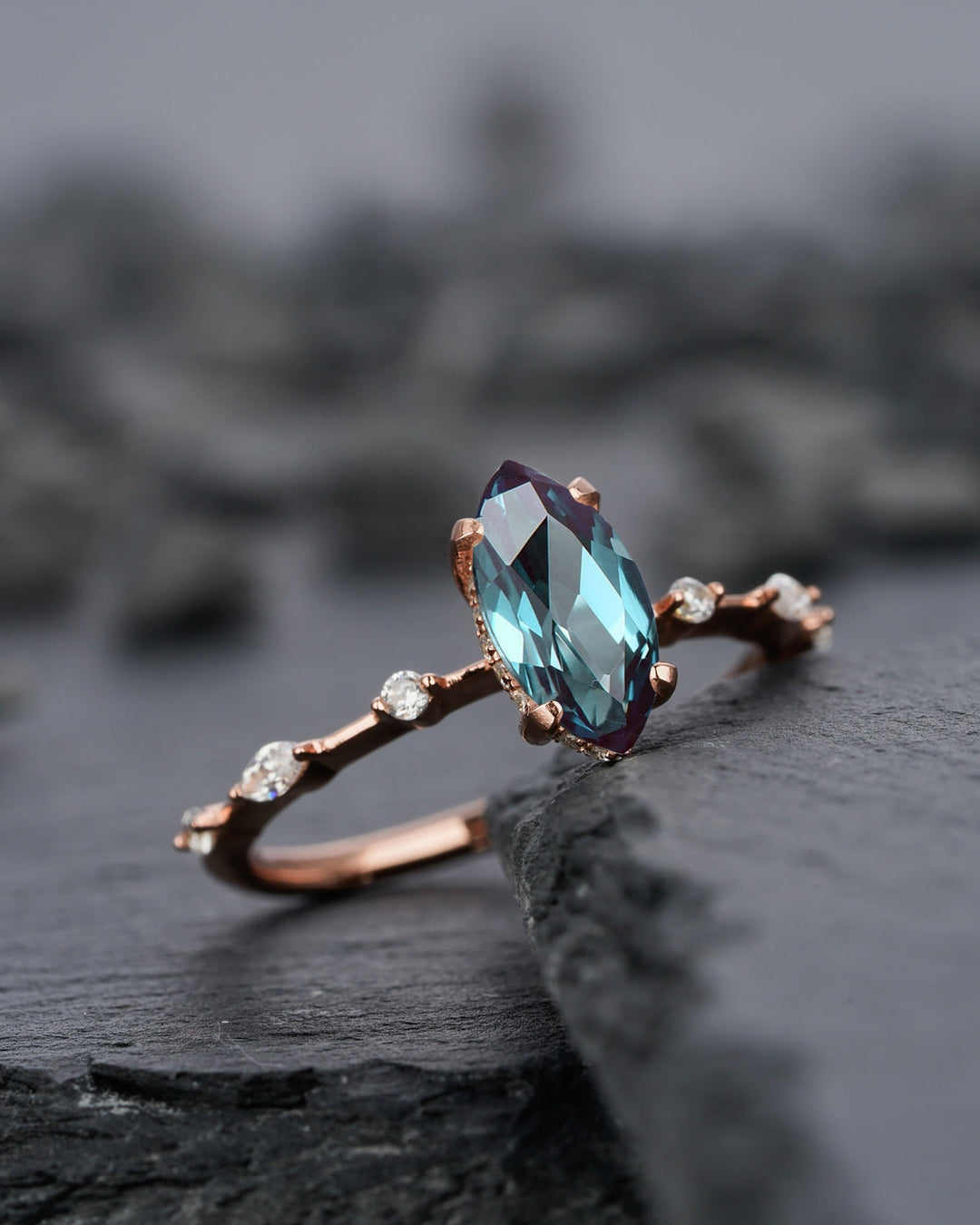 Vintage Marquise Cut Alexandrite Engagement Ring, Unique June Birthstone Wedding Promise Ring, 14K Rose Gold /Sterling Silver Ring for Women - ShainJewelry