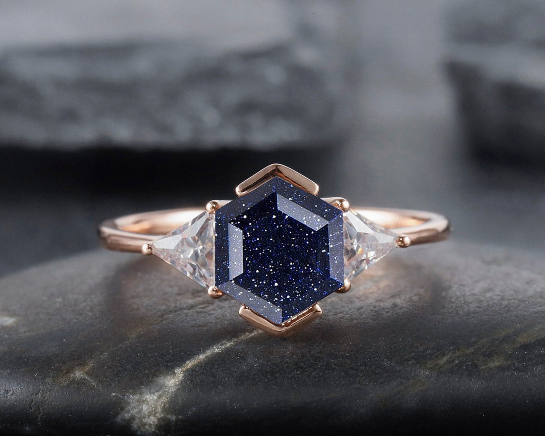 Hexagon Cut Blue Sandstone and Triangle Moissanite Engagement Ring Vintage 14K Rose Gold Galaxy Sandstone Promise Wedding Three Stone Ring - ShainJewelry