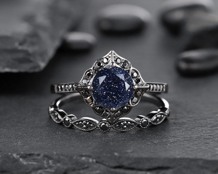 Vintage Blue Sandstone Floral Engagement Ring Set, Unique Black Gold Vermeil Blue Sandstone Promise Ring Set, Black Diamond Bridal Set Gift - ShainJewelry