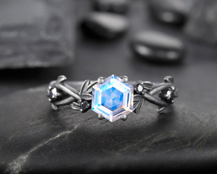 Black Gold Finish Hexagon Moonstone and Black Diamond Ring, Rhodium Black Vermeil Leaf Twig Goth Engagement Ring, Moonstone Promise Ring - ShainJewelry
