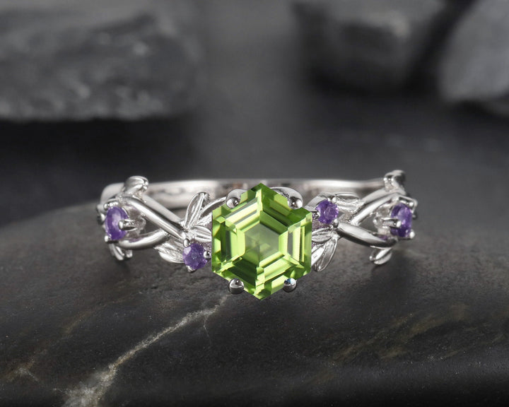 Vintage Hexagon Cut Peridot Amethyst Leaf Engagement Ring Dainty Twisted Promise Ring Unique White Gold August Birthstone Wedding Ring Gift - ShainJewelry