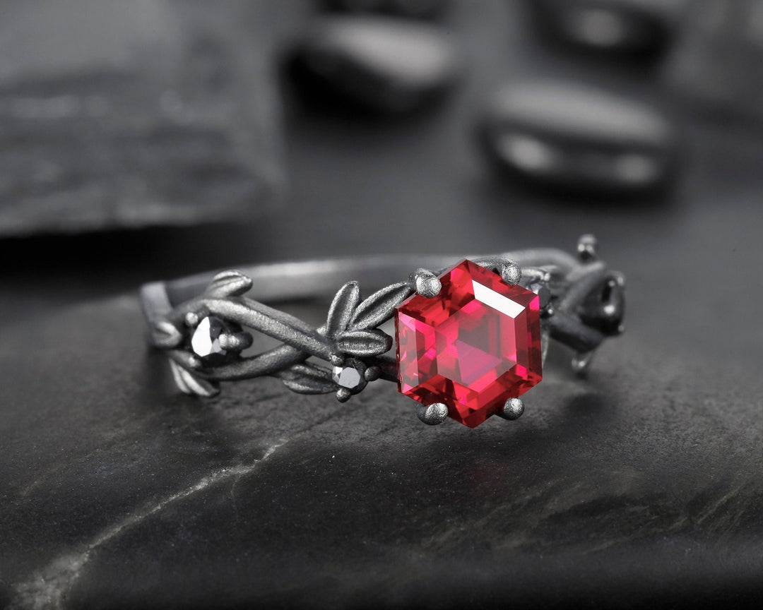 Black Gold Finish Hexagon Ruby Engagement Ring, Rhodium Black Leaf Twig Branch 14K Black Gold and Ruby Promise Anniversary Ring Gift for her - ShainJewelry