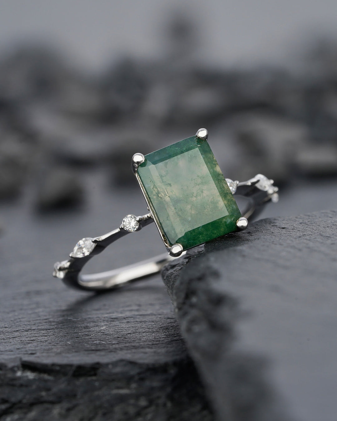 Vintage Emerald Cut Green Tree Moss Agate Engagement Ring Unique 14k White Gold or Silver Anniversary Moss Agate Wedding Ring Gift For Women - ShainJewelry