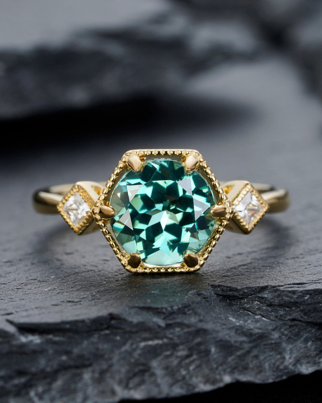 Vintage Round Green Crystal Quartz Engagement Ring, Hexagonal Crystal Silver Promise Ring, Unique 14K Yellow Gold Three Stone Wedding Ring - ShainJewelry