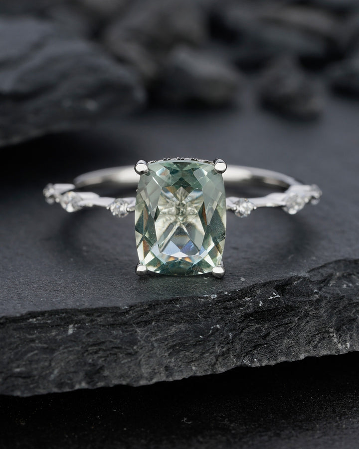 Vintage Cushion Cut Green Crystal Quartz Engagement Ring Unique White Gold Sterling Silver 925 Wedding Promise Anniversary Ring Gift For Her - ShainJewelry