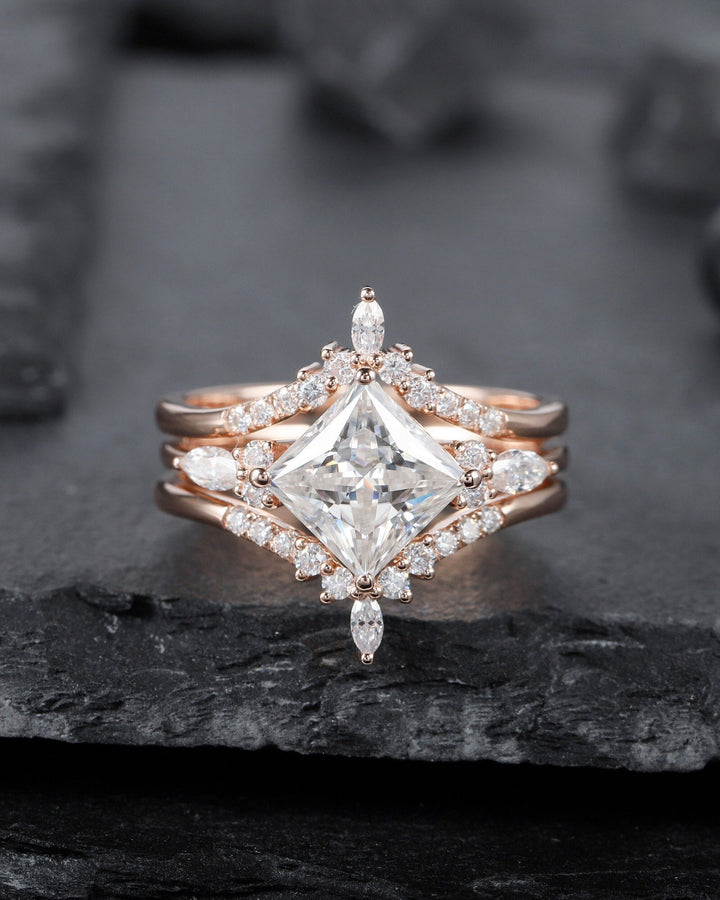 Princess Cut Moissanite Bridal Set Vintage Moissanite Engagement Ring Enhancer Set Dual Band Soldered Wedding Set Rose Gold Promise Ring - ShainJewelry