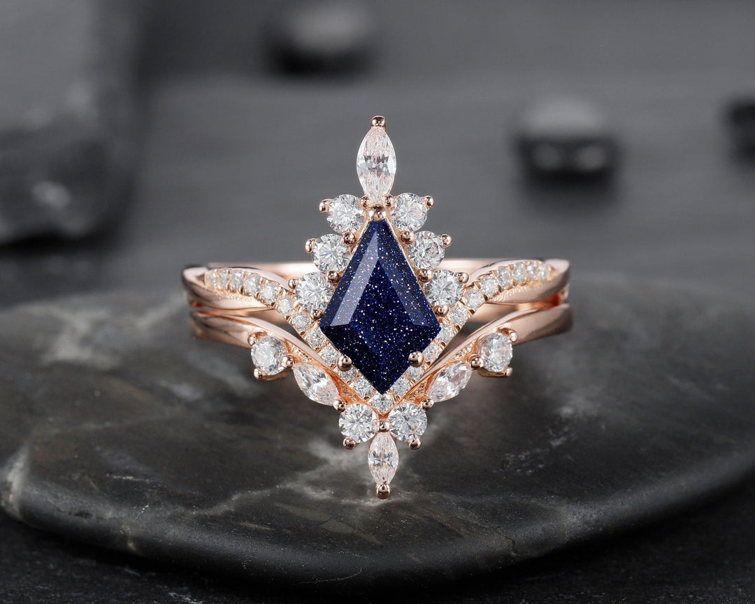 Kite Cut Blue Sandstone Ring Set, Vintage 14K Rose Gold Chevron Halo Engagement Ring Set Starry Blue Galaxy Gemstone Bridal Set Promise Ring - ShainJewelry