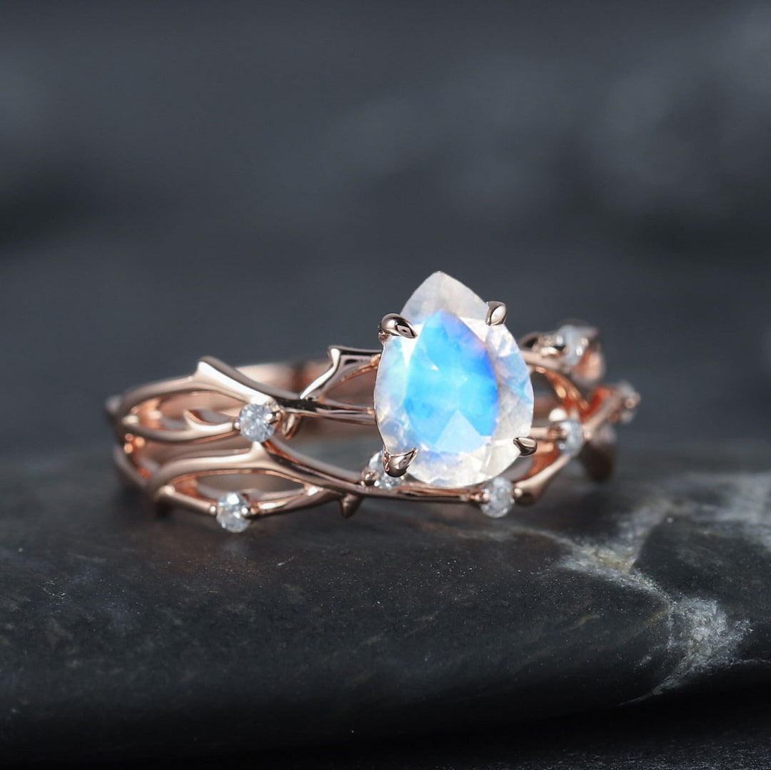 Vintage Pear Cut Natural Moonstone Diamond Engagement Ring Set 14K Rose Gold Moissanite Branch Promise Wedding Rings Bridal Set For Women - ShainJewelry