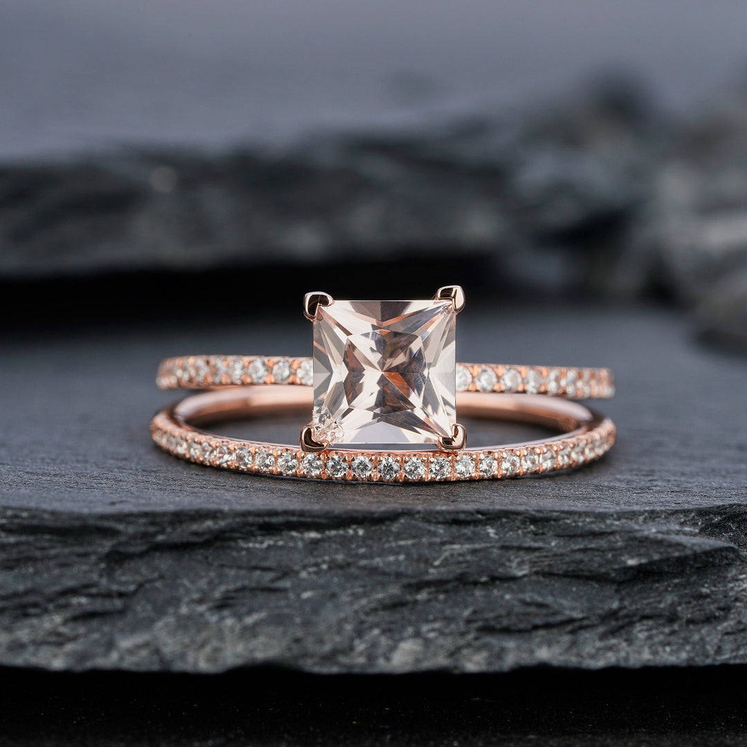 Unique Natural Peach Morganite Bridal Set Princess Cut Pink Morganite Wedding Set Rose Gold Stackable Anniversary Engagement Promise Rings - ShainJewelry