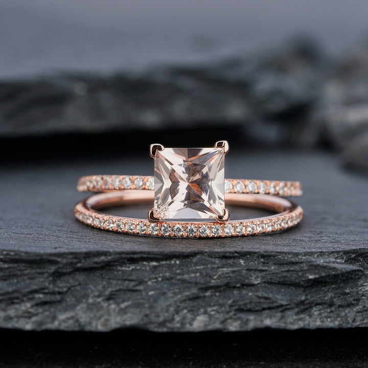 Unique Natural Peach Morganite Bridal Set Princess Cut Pink Morganite Wedding Set Rose Gold Stackable Anniversary Engagement Promise Rings - ShainJewelry