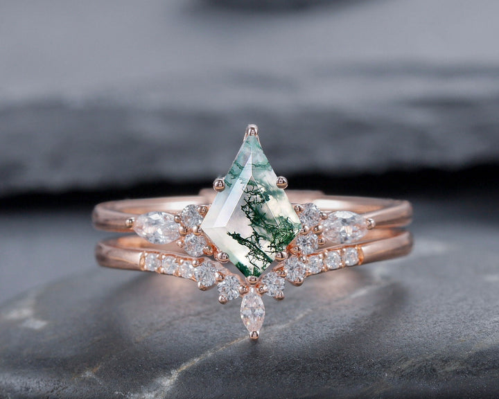 Vintage Kite Shape Moss Agate and Diamond Engagement Ring Set, 14K Yellow Gold Promise Ring, Wedding Ring Gift Bridal Set for Women - ShainJewelry