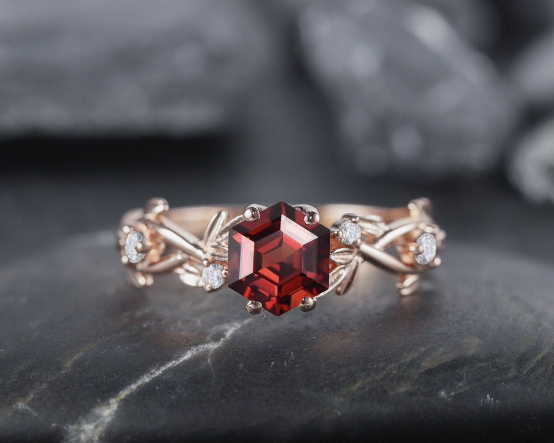 Vintage Hexagon Cut Garnet Leaf Engagement Ring Dainty Twig Promise Ring Unique 14K Rose Gold January Birthday Wedding Ring Gift for Women - ShainJewelry