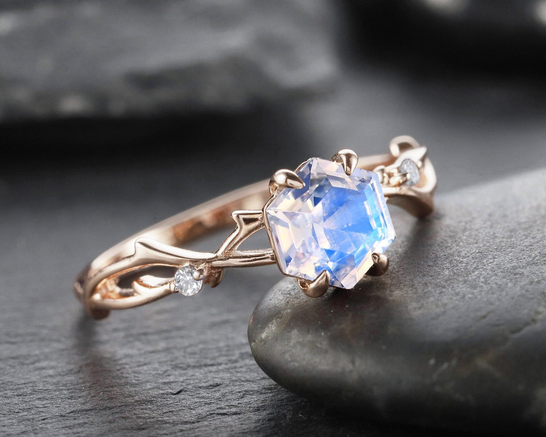Vintage Hexagon Cut Moonstone Engagement Ring, Dainty Twist Branch Promise Ring, Unique 14K Rose Gold June Birthday Wedding Ring for Women - ShainJewelry