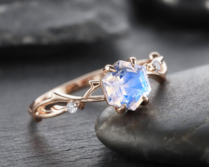 Vintage Hexagon Cut Moonstone Engagement Ring, Dainty Twist Branch Promise Ring, Unique 14K Rose Gold June Birthday Wedding Ring for Women - ShainJewelry