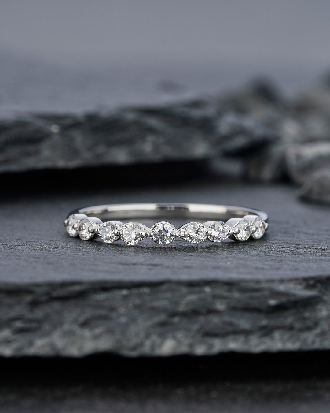 Vintage Moissanite Wedding Band, Stackable Half Eternity Art Deco Engagement Anniversary Promise Ring ,Vintage White Gold Matching Band - ShainJewelry