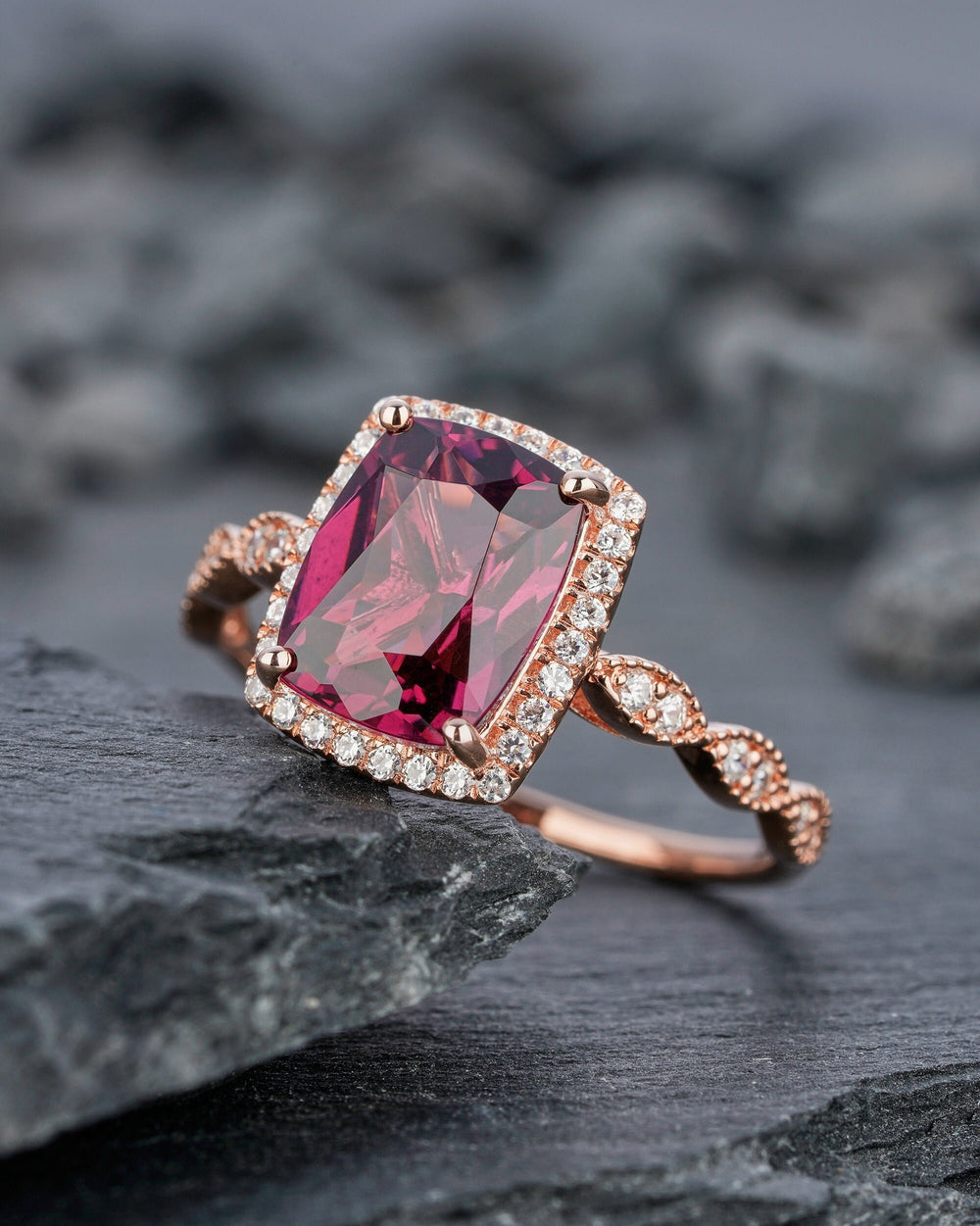 Vintage Natural Rhodolite Garnet Engagement Ring, Unique Red Garnet Wedding Ring, Art Deco Cushion Cut Garnet Halo Promise Ring Gift for Her - ShainJewelry