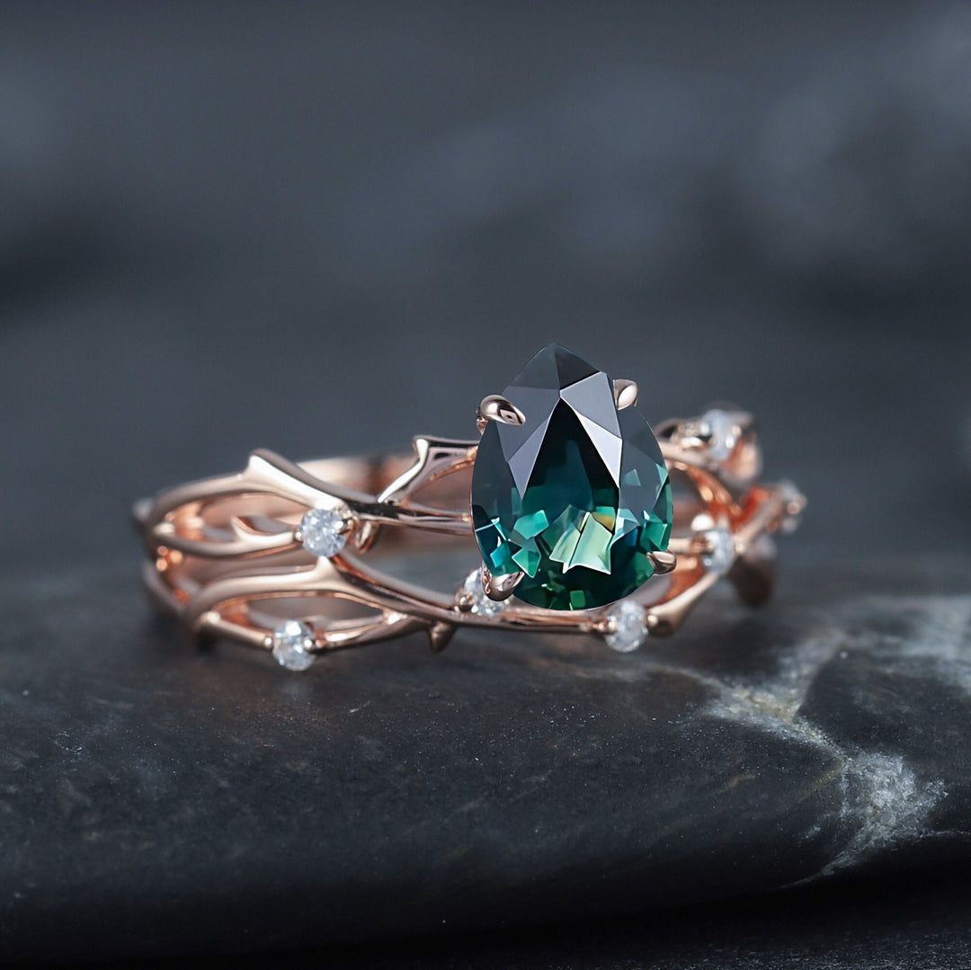 Vintage Pear Cut Teal Sapphire and Diamond Engagement Ring Set 18K Rose Gold Moissanite Branch Twisted Wedding Ring Bridal Set For Women - ShainJewelry