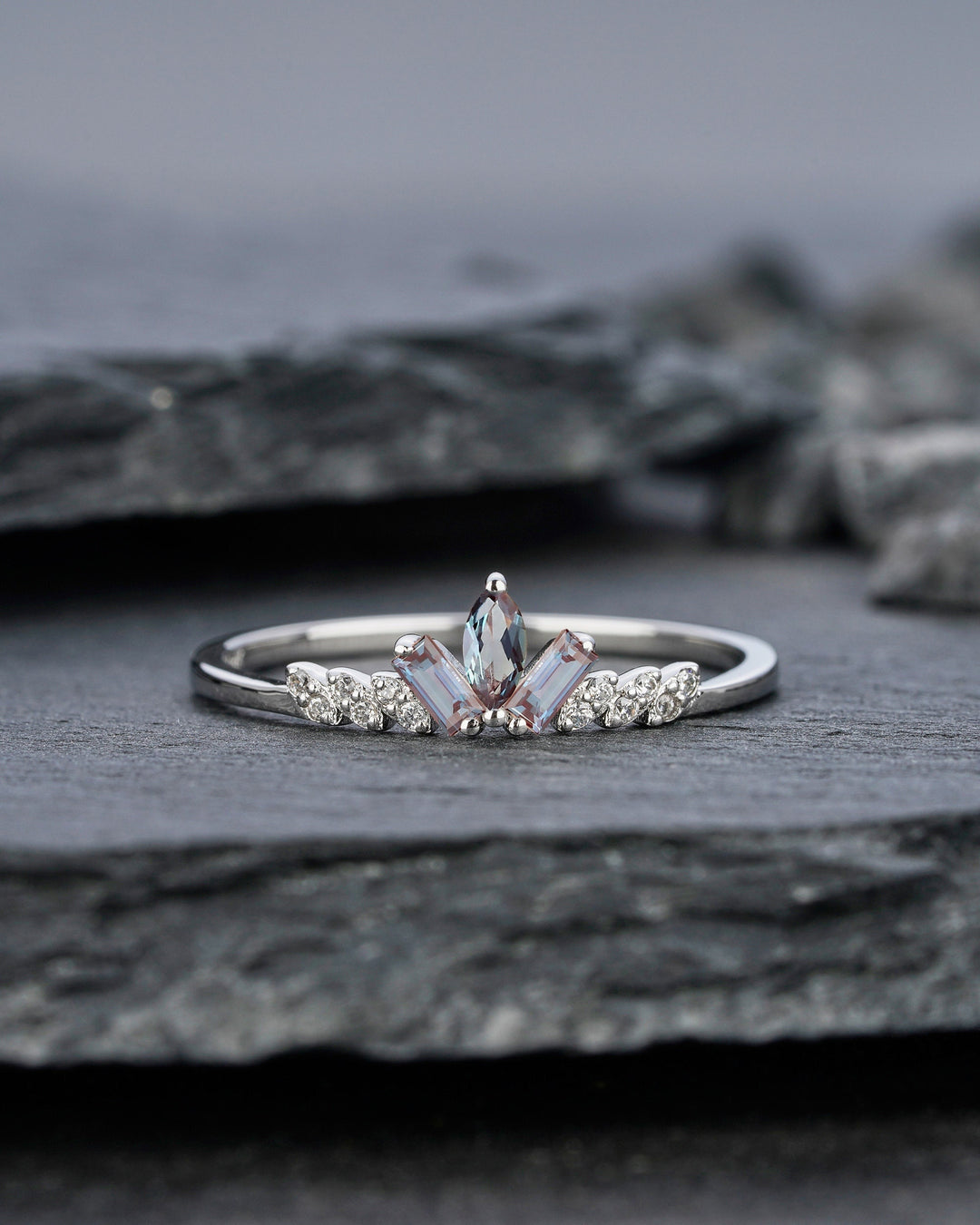 Vintage Marquise Alexandrite Cluster Wedding Band 14K White Gold Baguette Cut Matching Band Promise Stackable Anniversary Ring Enhancer - ShainJewelry